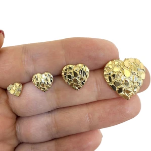 10K Gold Nugget Heart Push Back Stud Earrings 7mm, 10mm, 12mm, 18mm - Picture 1 of 11