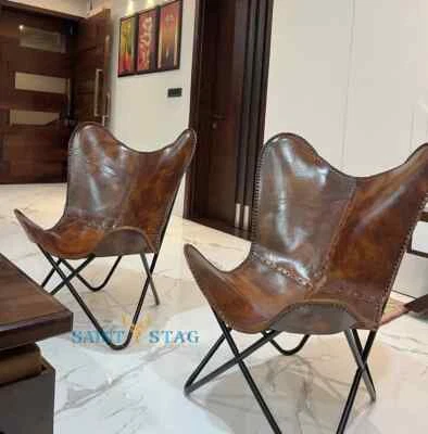 2Pcs Vintage Classic Handmade Rustic Leather Lounge Accent Relax Butterfly Chair - Image 1 of 4