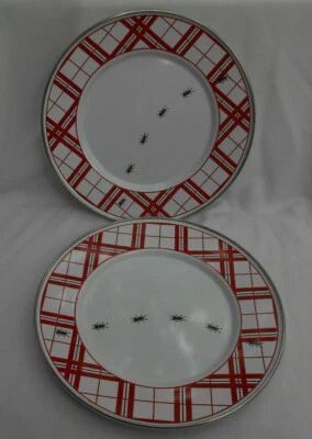 2 Golden Rabbit Enamelware Plaid ants salad plates 8 1/2" red white - Image 1 of 3
