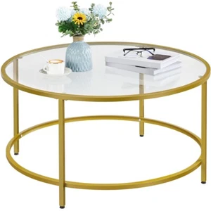 Modern Coffee Table Round End Table w/ Glass Top for Living Room,Apartment,Gold - Picture 1 of 9