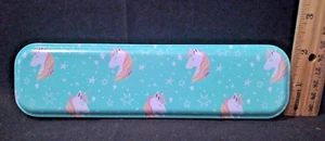 Unicorn Rainbow Hair Stars Tin Metal Pencil Box Case School Catch All 8"x2" - Picture 1 of 6