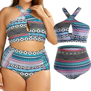 Women's Plus Size Swimsuit - 2-Piece High Waisted Lattice Swim Suit Fits XL-1X - Picture 1 of 9