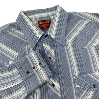 Camisa para hombre RUSTLER X-Long Tails vintage a presión azul perla rayas talla 17,5 34/35 Foto 1 de 4