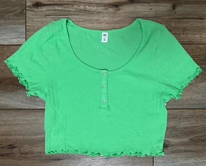 BP. Pointelle Short Sleeve Rib Crop Henley Top Green Size S - Picture 1 of 6