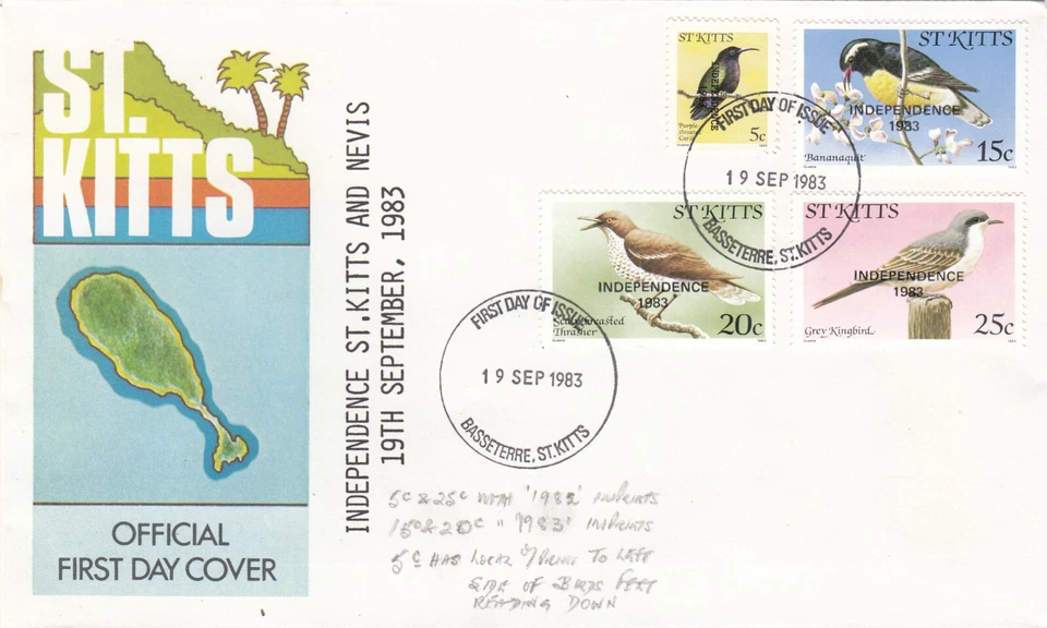Birds 30c to $1 Independence OVERPRINT St Kitts FDC 1983 see notes (137919) - Image 1 of 1