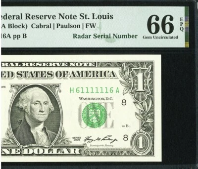 $1 2006 Fancy Serial H61111116A Super Radar BINARY upside down note.PMG EPQ 66 - Image 1 of 4