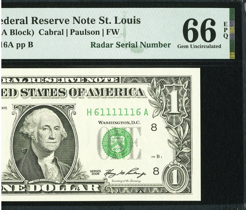 $1 2006 Fancy Serial H61111116A Super Radar BINARY upside down note.PMG EPQ 66 - Image 1 of 4