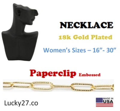 18k Gold Plated Stainless Steel Women Chain Necklace - PAPERCLIP  16" to 30" - Image 1 of 4