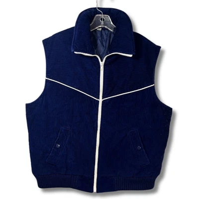 Vintage 70s L Navy Blue Corduroy Western Cowboy Rodeo Romance Horse Puffer Vest - Image 1 of 4