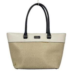 Auth Kate spade - WKRU5469 Cream Beige Black Straw Leather Tote Bag - Picture 1 of 8