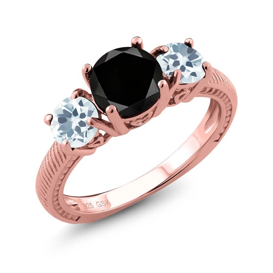 Anillo de plata chapado en oro rosa de 18 quilates aguamarina azul cielo diamante negro redondo de 2,15 quilates Foto 1 de 1