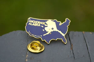 Anchorage Alaska United State America Gold Tone Metal & Blue Enamel Pin Pinback - Picture 1 of 6