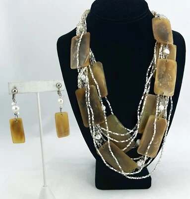 Conjunto de collar y pendientes de clip de cuerno tribal de cuarzo transparente con perlas múltiples hilos Foto 1 de 4