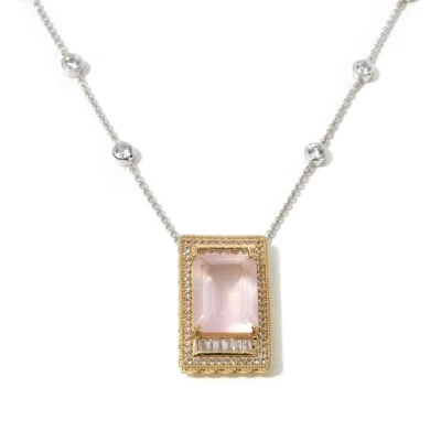 Collar Art Deco de cuarzo rosa para mujer, topacio blanco de plata de ley, tono dorado, nuevo Foto 1 de 4