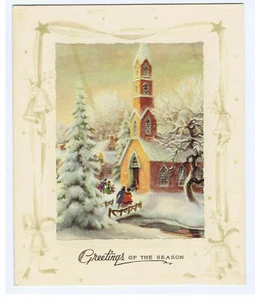 Vintage Weihnachtskarte Kirche Schnee Menschen Bäume geprägt glänzend - Bild 1 von 3