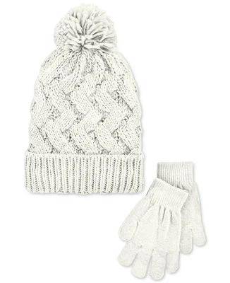 Berkshire Fashions Girls Ivory Knit Pom Hat & Glove Set Child Cap Age 4-8 Winter - Image 1 of 2