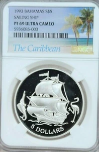 1993 BAHAMAS SILVER 5 DOLLARS SAILING SHIP NGC PF 69 ULTRA CAMEO RARE TOP POP !! - Picture 1 of 4