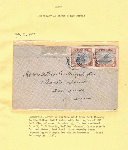Papau New Guinea 1927 Commercial Cover to USA 1½d Lakatoi - SC 62 [SG 95b] P1 Cover