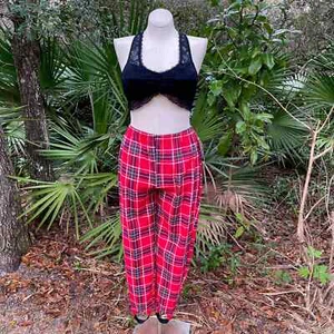 Vintage 80s Red Plaid Stirrup Pants Pull On Dead Stock Simply Basic Size L - Picture 1 of 10