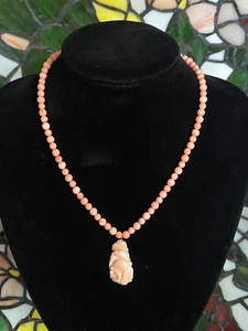 Vintage Angel Skin Coral Necklace with Pendant Hand Carved Rose - Picture 1 of 6
