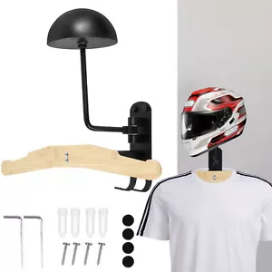 Motorcycle Helmet Rack 180° Rotation Wall Mounted Helmet Stand With Wood Hanger~ - Picture 1 of 10