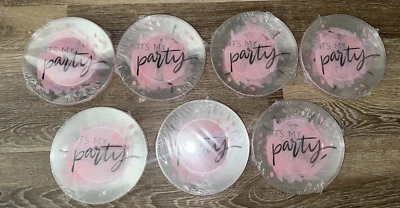24 Small Appetizer Plates "It's My Party" Clear Pink Design Black Lettering - Image 1 of 4