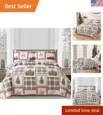Elegant Christmas Bedspread Set - Reversible Queen Quilt with Plaid Gnome Design - Image 1 of 4