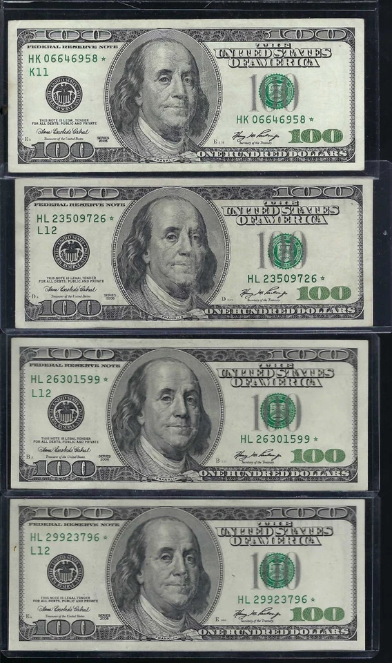 Series 2006 HK-L US One Hundred Dollar Bills Star Notes - Set Of 4-$100 Franklin - Image 1 of 2
