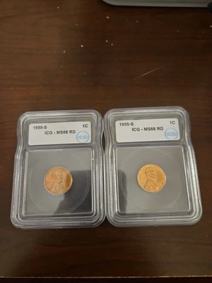 1955-S Lincoln Wheat Cent Penny set of 2 Gem Red BU, Original ICG-MS66 RD - Image 1 of 4