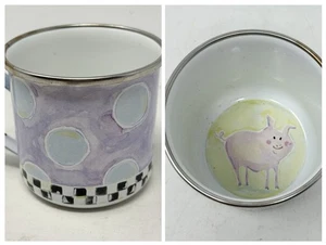 MacKenzie-Childs - Emaille Schwein Becher Tasse - gepunktet kariert blau lila Vintage Rarität - Bild 1 von 9