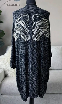 USA New VOCAL Womens CRYSTAL EMBELLISHED GRAY BLACK ANGEL WINGS WRAP CARDIGAN XL - Image 1 of 4
