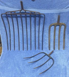 Lot of 3 Primitive Pitchfork Heads Antique Farm Tool Lot - Picture 1 of 8