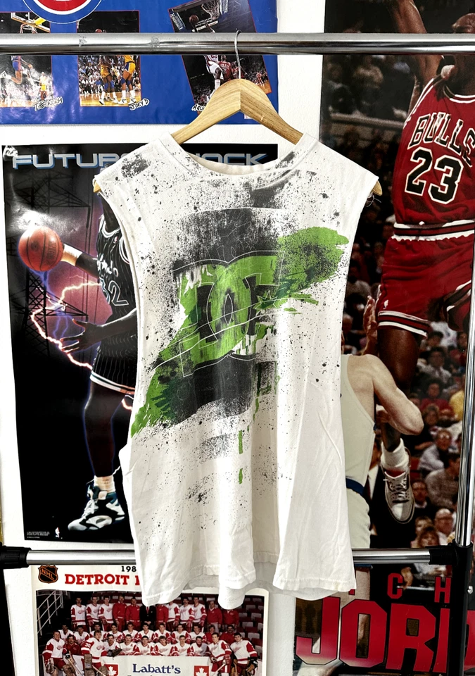 Vintage Y2K DC Shoes Crazy Skater All Over Print Cyber Grunge Cutoff Shirt Large - Image 1 of 3