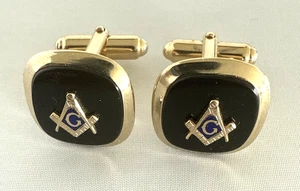 Vintage Anson Freimaurer Manschettenknöpfe & Krawattenklammer Set schwarz Emaille goldfarben Mason - Bild 1 von 7