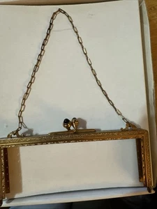 Antique Victorian Purse Frame Gold Colored Black Stones On Clip - Picture 1 of 10