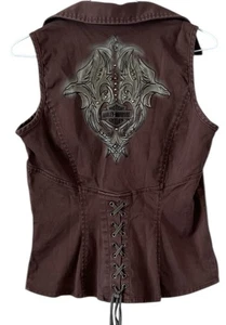 Vtg Harley Davidson Womens Full Zip Collared Vest Corset Back Size Small Y2K - Picture 1 of 13