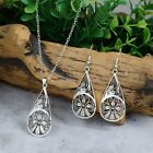 3 Piece Antique Boho Silver Plated Flower Pendant Necklace and Earring Set