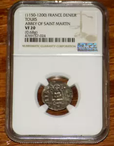 Francia Denatore 1150-1200 Abby Saint-Martin de Tours NGC VF20 MONETA FRANCESE MEDIEVALE - Foto 1 di 4