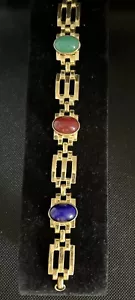 (c823) Vintage Coro Gold Tone Cabachon Link Bracelet , Read, Blu Grn Red - Picture 1 of 4