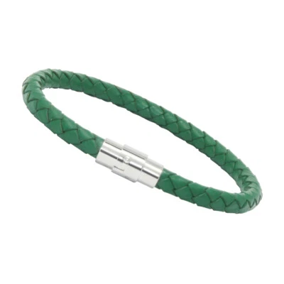 Pulseira masculina unissex de couro genuíno aço inoxidável fecho magnético verde - Imagem 1 de 2
