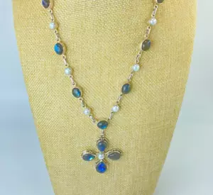 925 Sterling Silver Labradorite Pearl Gemstone Handmade Cross Pendant Necklace - Picture 1 of 4