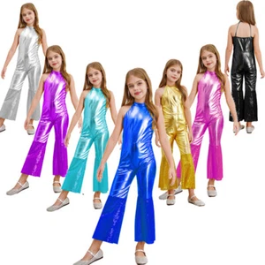AU Kids Girls Shiny Long Jumpsuit Sleeveless Bell Flared Unitard Disco Dancewear - Picture 1 of 76