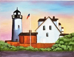 A.Z. Davis 14"x11" Oil Canvas Painting Modernism Landscape Tree Lighthouse Art - Picture 1 of 4