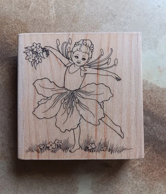 Stampendous - Fairy Girl Dance with Flowers W148 Wood Mounted Rubber Stamp Foto 1 de 4