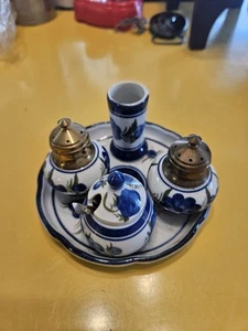 Vintage Salt & Pepper Shaker And Toothpick Holder Set Blue Floral - Picture 1 of 7