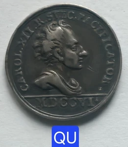 Suède & Saxe- T. Rare Médaille Argent 25,5mm- Charles XII Paix d'Altransdät 1706 - Picture 1 of 8