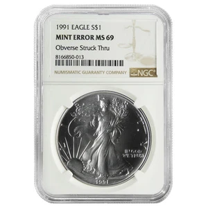 1991 $1 American Silver Eagle NGC MS69 Mint Error Obverse Strike Thru - Picture 1 of 2