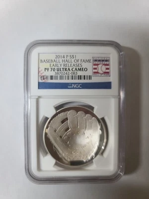 2014 USA S$1 Baseball Hall of Fame 1oz Silver Domed Coin NGC PF70 Ultra Cameo ER - Image 1 of 4