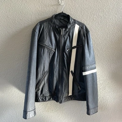 Vtg Black Rivet Leather Jacket Mens XL  Racing Stripes MOTORCYCLE Biker Driver - Image 1 of 4