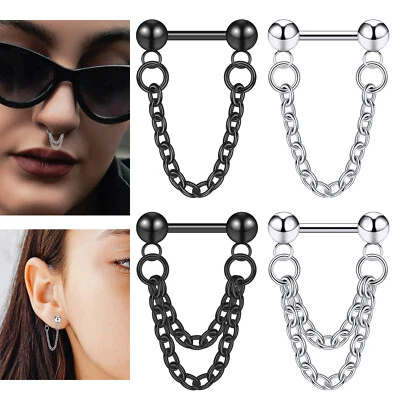4PCS Chain Nose Septum Ring Cartilage Daith Tragus Earrings Surgical Steel 16G - Image 1 of 4
